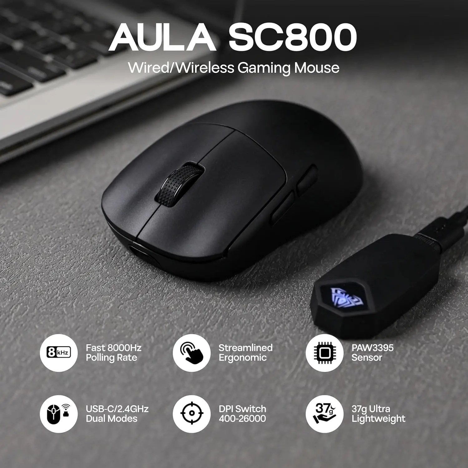Esports Wireless Gaming Mouse - AULA SC800 Oyun Faresi USB-C Kablolu/2.4G